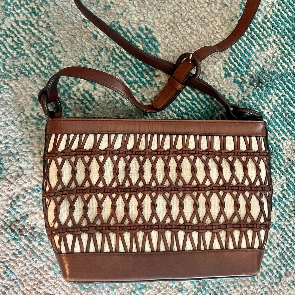 Talbots Genuine Brown Leather and Linen Woven Purse